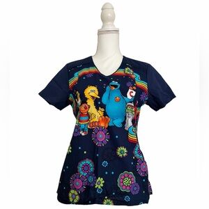 Sesame Street Navy Rainbow Nursing Medical Scrub Top Women’s Small